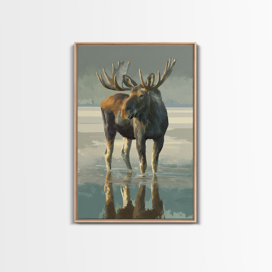 Moose Standing in Reflective Lake Framed Canvas Print, Wildlife Art, Digital Wall Art, Living Room Decor, Fine Art, Wild, WIL-2x3-75