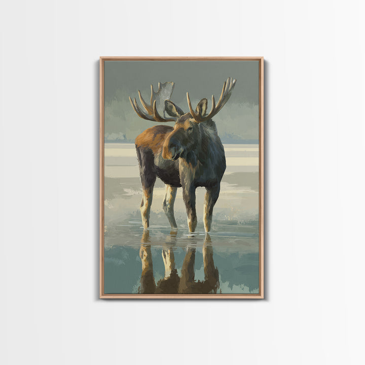 Moose Standing in Reflective Lake Framed Canvas Print, Wildlife Art, Digital Wall Art, Living Room Decor, Fine Art, Wild, WIL-2x3-75