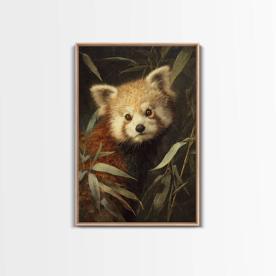 Red Panda Among Bamboo Leaves Framed Canvas Print, Wildlife Art, Canvas Print, Living Room Decor, Wild, Forest Wall Art, WIL-2x3-76