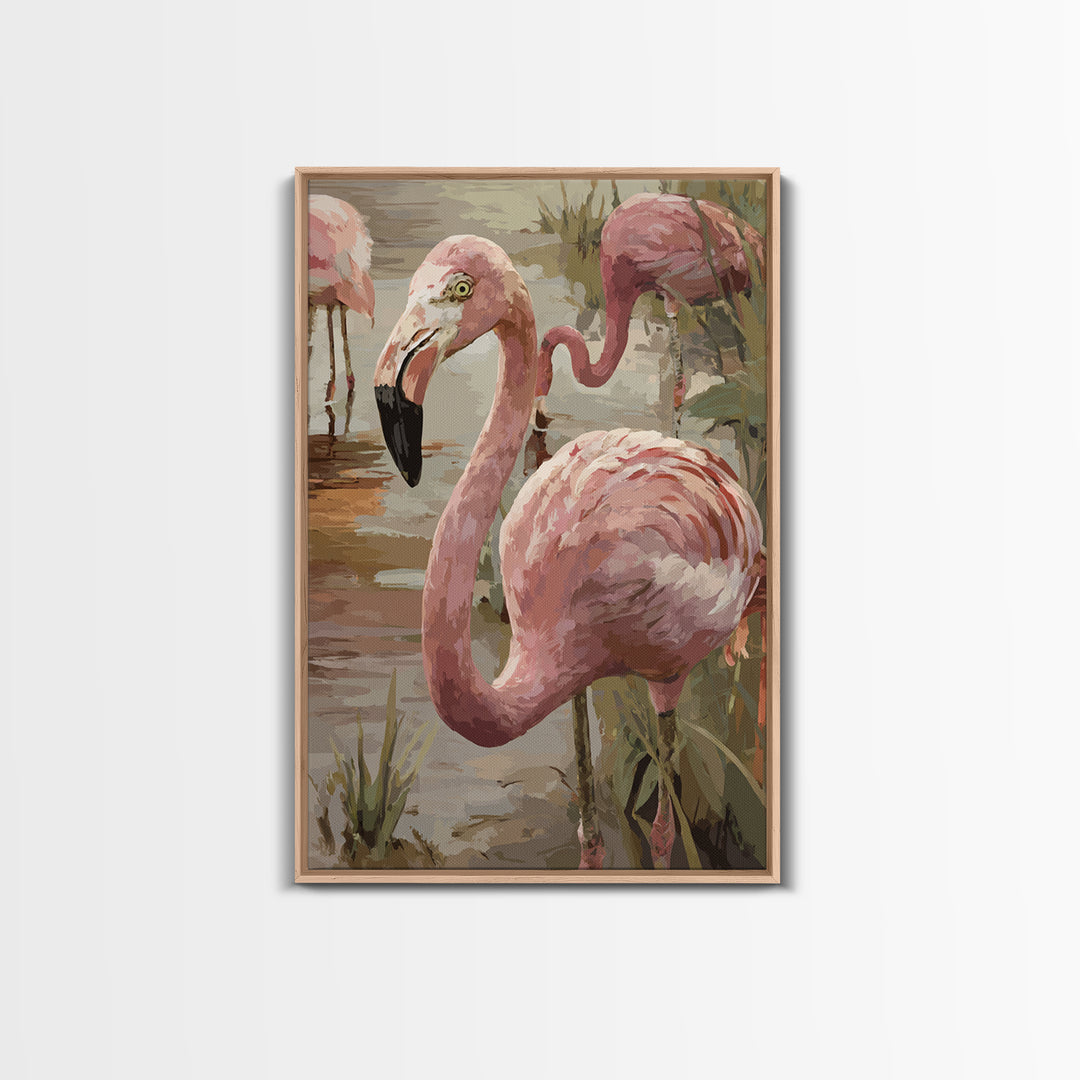Flamingos in Pink Shallow Water Framed Canvas Print, Wildlife Art, Painting, Living Room Decor, Wild, Living Room Wall Art, WIL-2x3-78
