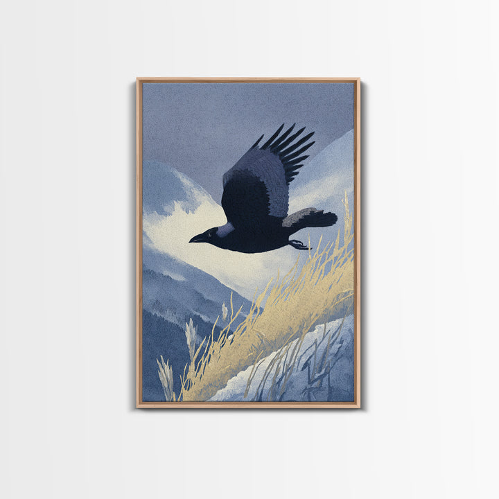 Raven Flying Through Snowy Mountains Framed Canvas Print, Wildlife Art, Contemporary Art, Living Room Decor, Fine Art, Wild, WIL-2x3-80