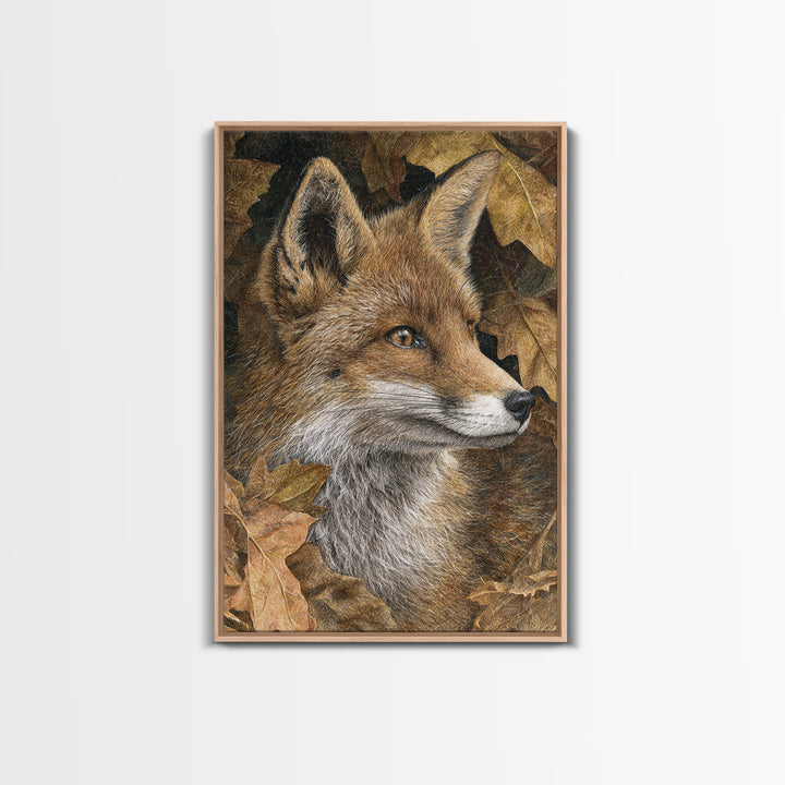 Fox in Autumn Forest Leaves Framed Canvas Print, Wildlife Art, Canvas Print, Living Room Decor, Fine Art, Wild, Forest Wall Art, WIL-2x3-89