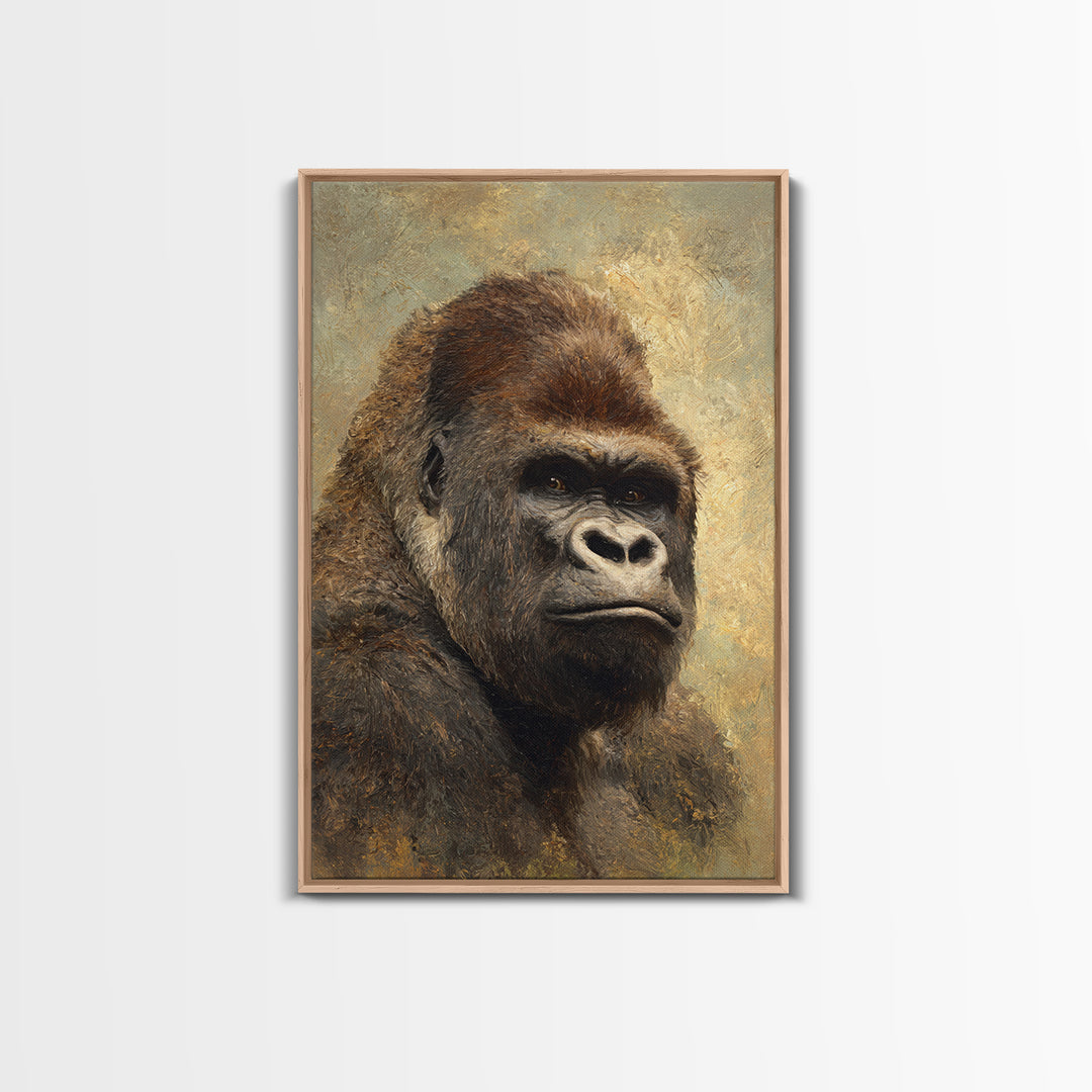Gorilla Portrait with Powerful Gaze Framed Canvas Print, Wildlife Art, Wall Art Print, Living Room Decor, Oil Painting, Wild, WIL-2x3-97