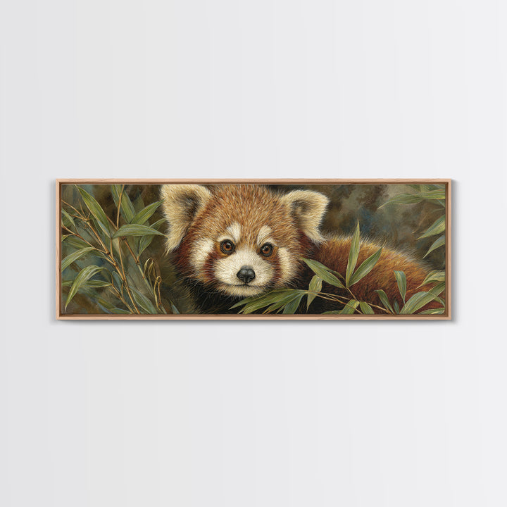 Red Panda Among Bamboo Leaves Framed Canvas Print, Wildlife Art, Canvas Painting, Living Room Decor, Wild, Luxury Decor, WIL-3x1-12