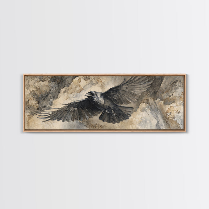 Raven Flying Through Snowy Mountains Canvas Print, Wildlife Art, Modern Art, Living Room Decor, Watercolor Art, Wild, WIL-3x1-16