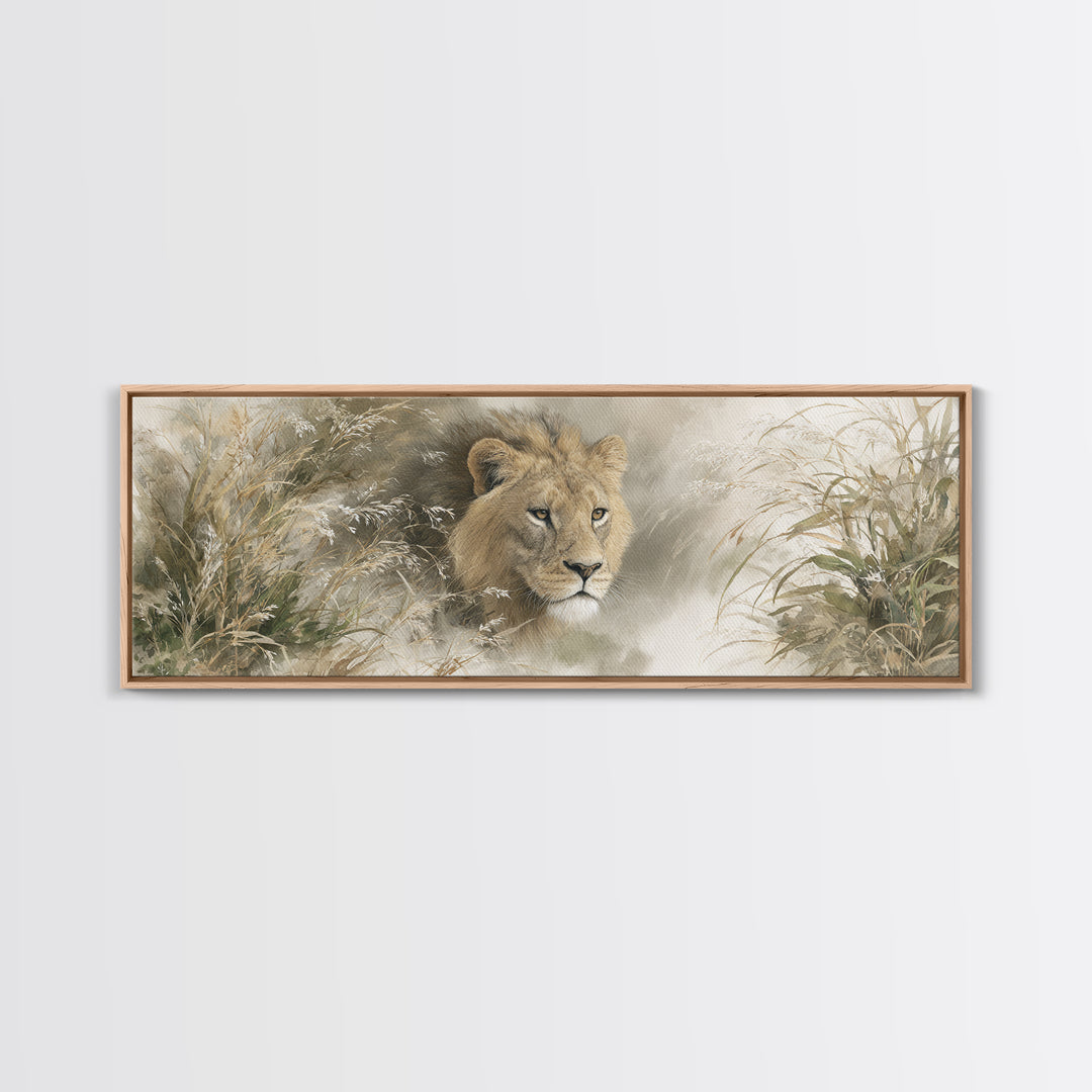 Lion Emerging from Golden Savanna Grass Framed Canvas Print, Wildlife Art, Bird Art, Living Room Decor, Fine Art, Wild, WIL-3x1-17