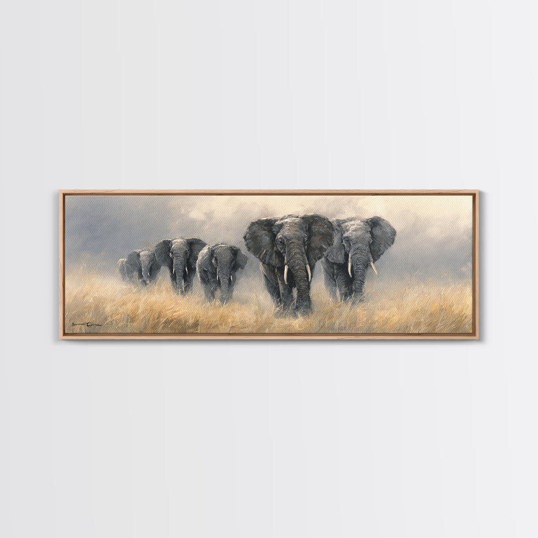 Elephant Herd Walking Through Dusty Sunset Framed Canvas Print, Wildlife Art, Original Art, Living Room Decor, Fine Art, Wild, WIL-3x1-18
