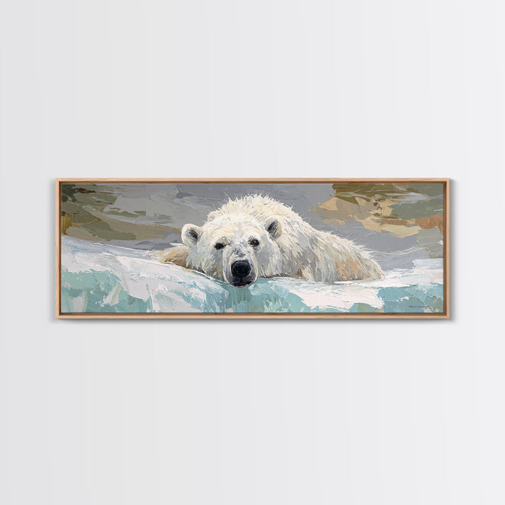 Polar Bear Crossing Blue Ice Canvas Print, Wildlife Art, Luxury Decor, Living Room Decor, Abstract Art, Wild, Oil Painting, WIL-3x1-31