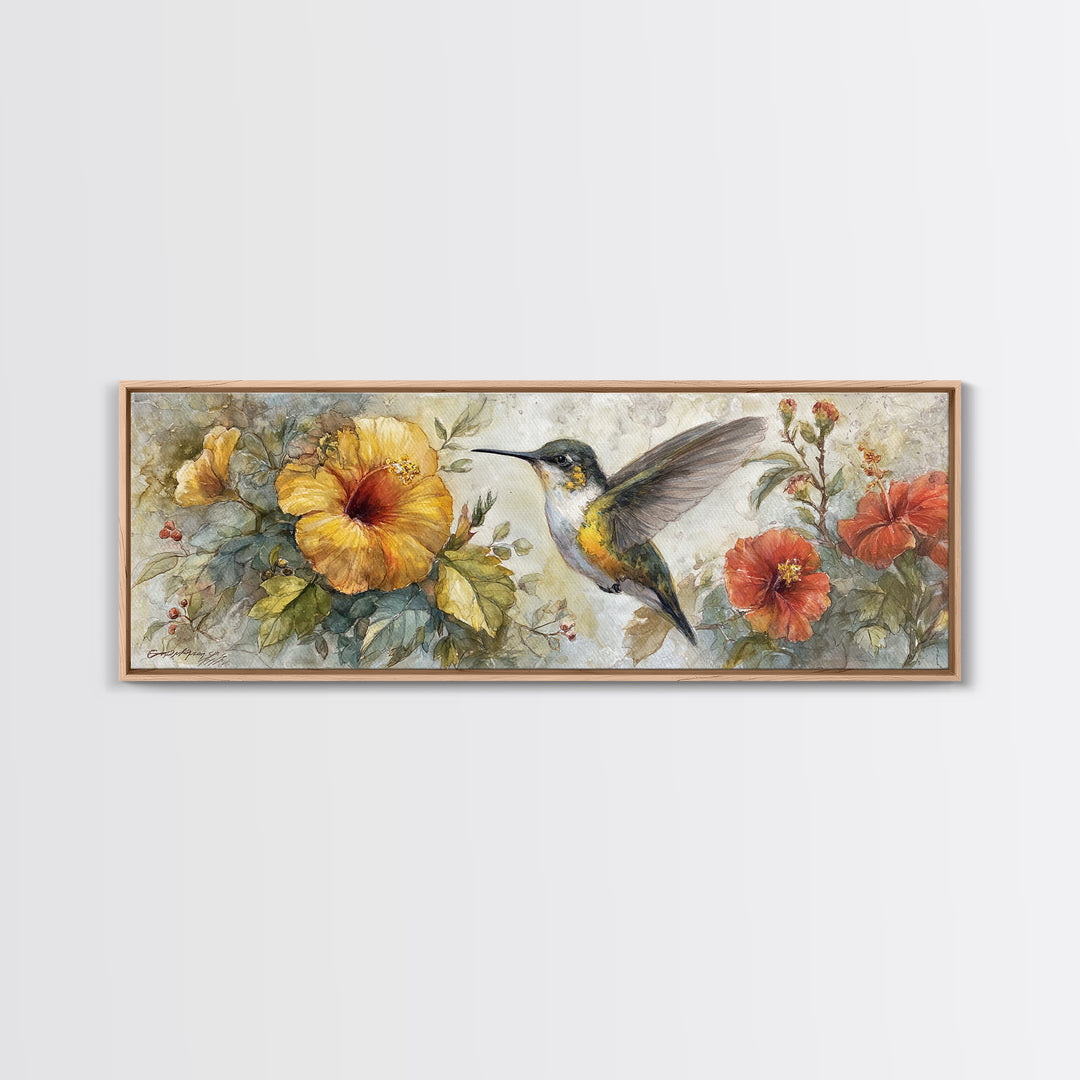 Hummingbird Beside Bright Flowers Framed Canvas Print, Wildlife Art, Unique Home Decor, Living Room Decor, Fine Art, Wild, WIL-3x1-32