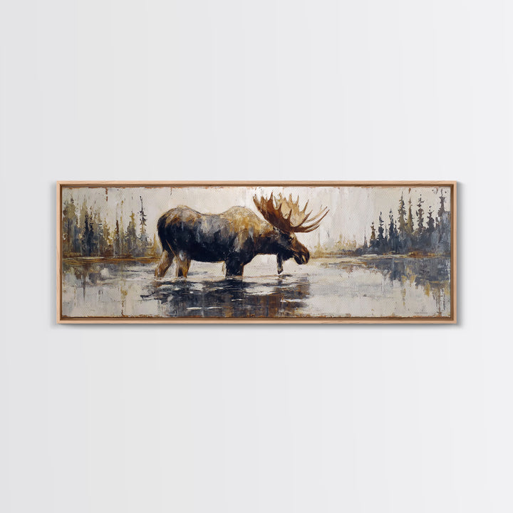 Moose Standing in Reflective Lake Canvas Print, Wildlife Art, Living Room Decor, Oil Painting, Wild, Digital Wall Art, WIL-3x1-35