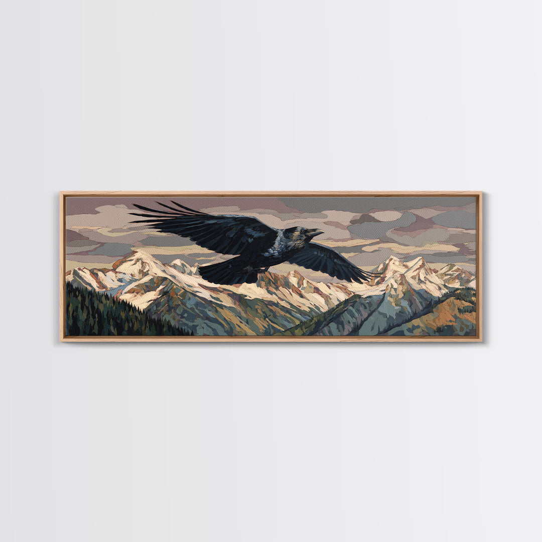 Raven Flying Through Snowy Mountains Canvas Print, Wildlife Art, Gallery Decor, Living Room Decor, Oil Painting, Wild, WIL-3x1-40
