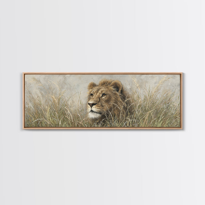 Lion Emerging from Golden Savanna Grass Canvas Print, Wildlife Art, Living Room Art, Living Room Decor, Watercolor Art, Wild, WIL-3x1-41