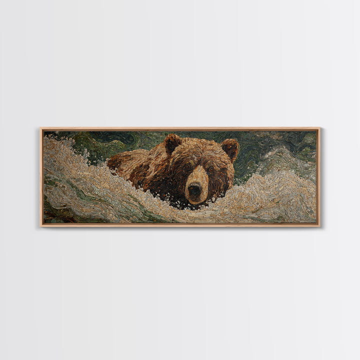 Bear Fishing in Rushing Mountain River Framed Canvas Print, Wildlife Art, Neutral Decor, Living Room Decor, Fine Art, Wild, WIL-3x1-44