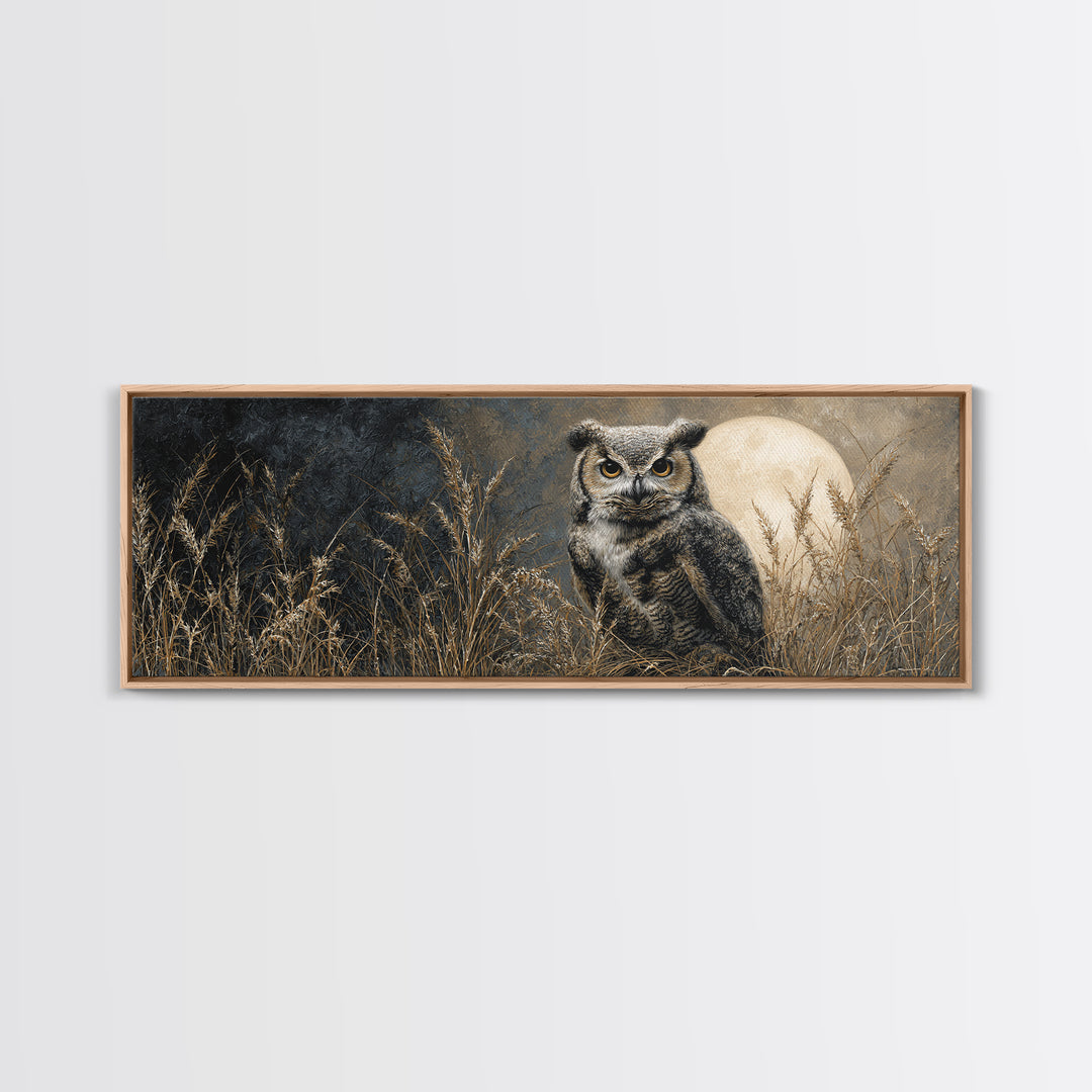 Owl Perched in Moonlit Woodland Framed Canvas Print, Wildlife Art, Room Decor, Living Room Decor, Abstract Art, Wild, WIL-3x1-52