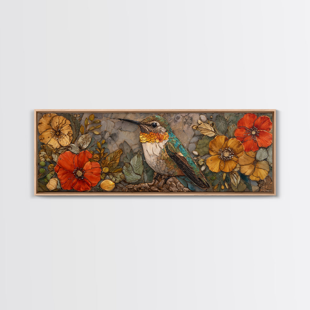 Hummingbird Beside Bright Flowers Framed Canvas Print, Wildlife Art, Textured Painting, Living Room Decor, Oil Painting, Wild, WIL-3x1-56