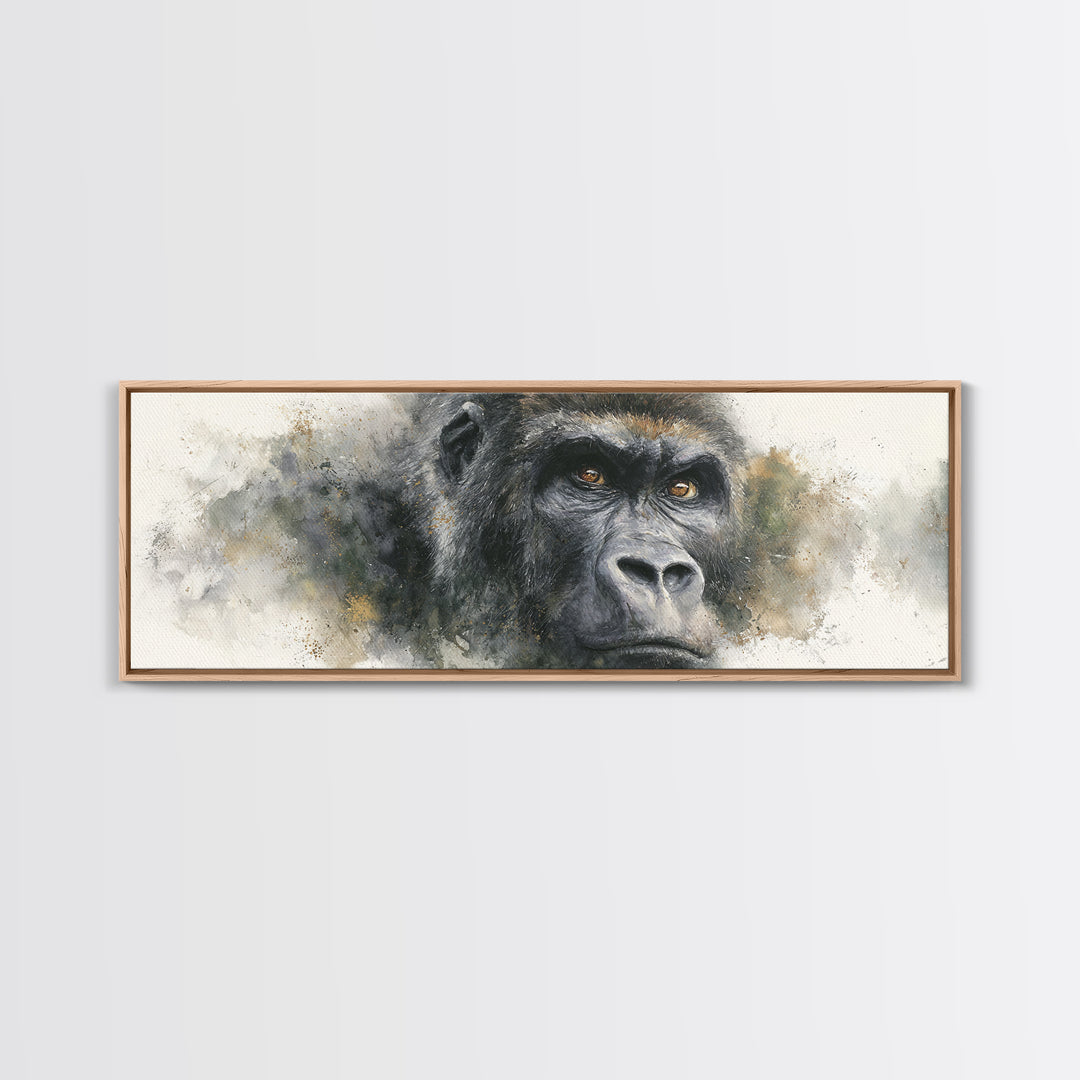 Gorilla Portrait with Powerful Gaze Framed Canvas Print, Wildlife Art, Leopard Wall Art, Living Room Decor, Fine Art, Wild, WIL-3x1-57