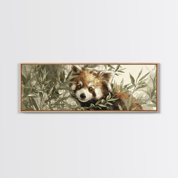 Red Panda Among Bamboo Leaves Framed Canvas Print, Wildlife Art, Boho Decor, Living Room Decor, Fine Art, Wild, Painting, WIL-3x1-60