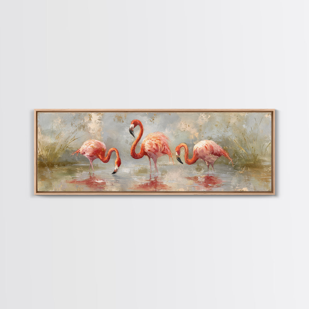 Flamingos in Pink Shallow Water Canvas Print, Wildlife Art, Gallery Decor, Living Room Decor, Oil Painting, Wild, WIL-3x1-62