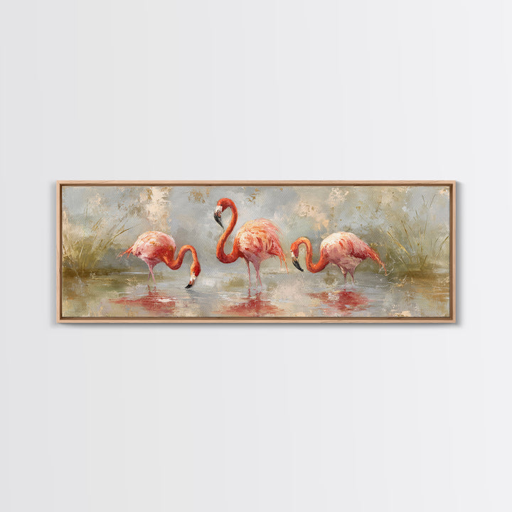 Flamingos in Pink Shallow Water Canvas Print, Wildlife Art, Gallery Decor, Living Room Decor, Oil Painting, Wild, WIL-3x1-62
