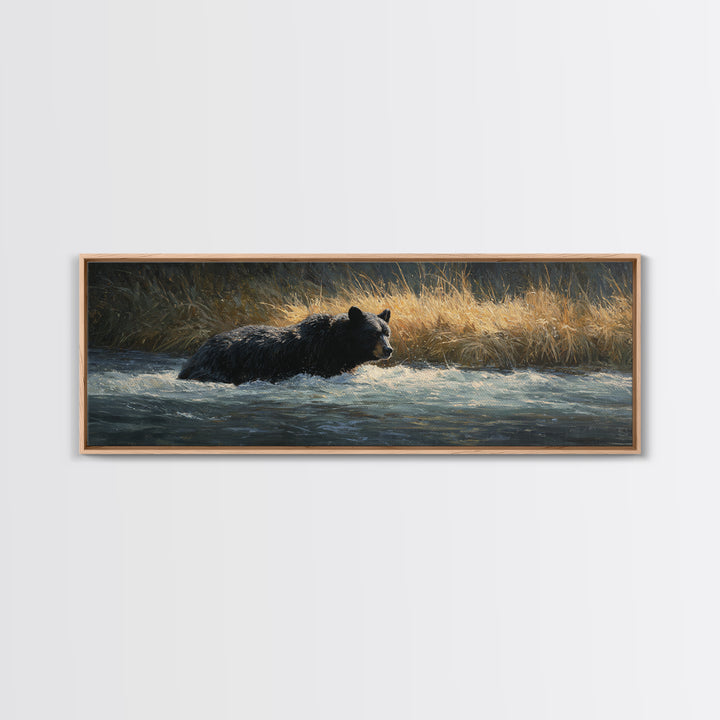 Bear Fishing in Rushing Mountain River Framed Canvas Print, Wildlife Art, Living Room Decor, Watercolor Art, Wild, WIL-3x1-68