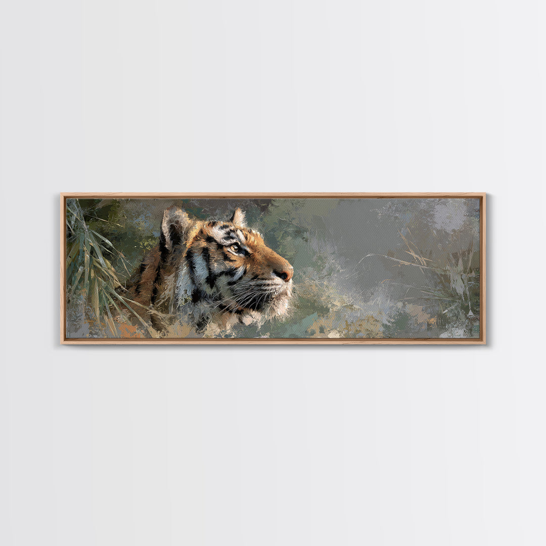 Tiger Portrait with Jungle Shadows Framed Canvas Print, Wildlife Art, Canvas Painting, Living Room Decor, Fine Art, Wild, WIL-3x1-69