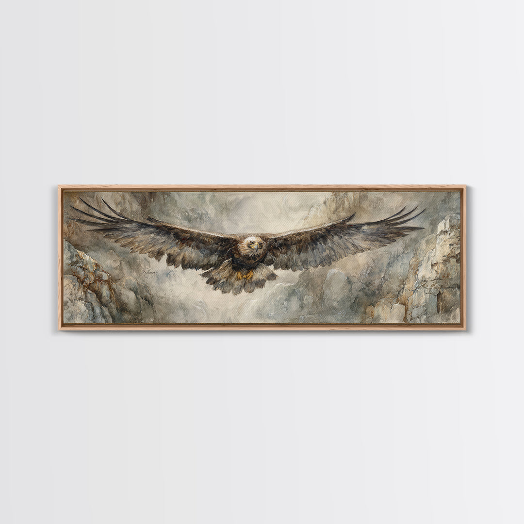 Eagle Soaring Above Rocky Cliffs Canvas Print, Wildlife Art, Art Print, Living Room Decor, Oil Painting, Wild, Digital Wall Art, WIL-3x1-70