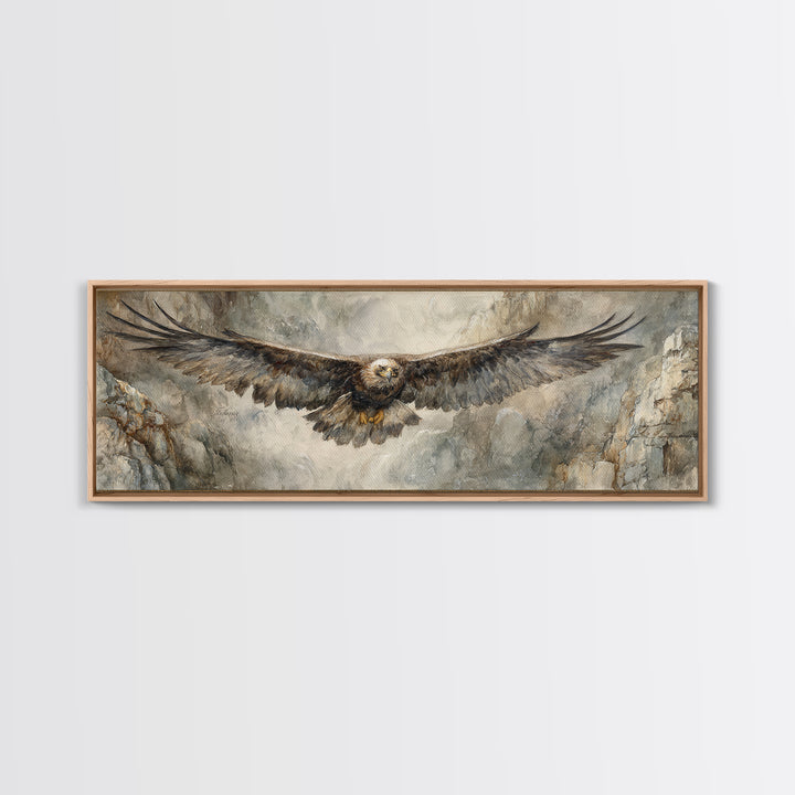 Eagle Soaring Above Rocky Cliffs Canvas Print, Wildlife Art, Art Print, Living Room Decor, Oil Painting, Wild, Digital Wall Art, WIL-3x1-70