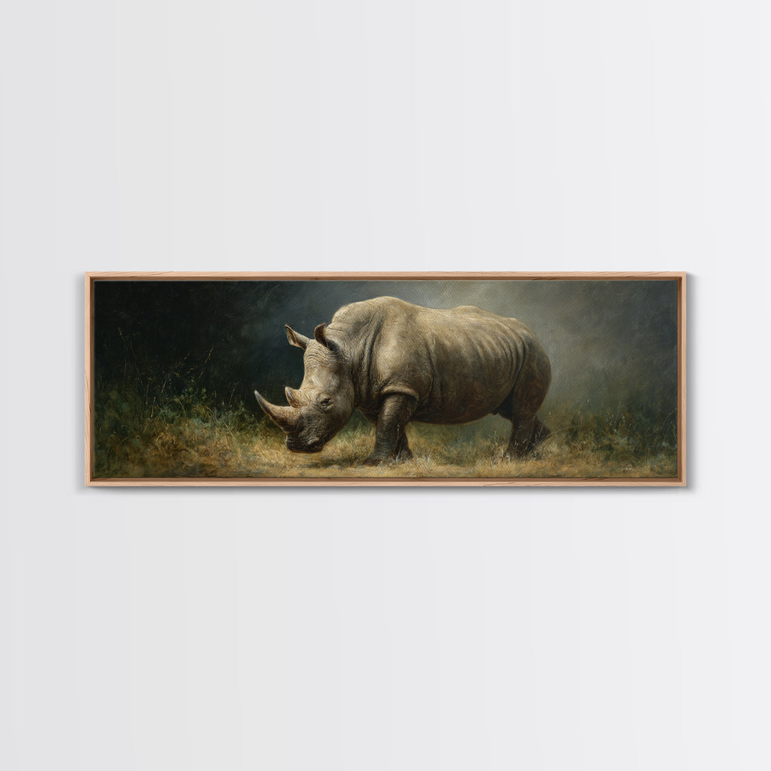 Rhino in Dramatic Stormy Light Framed Canvas Print, Wildlife Art, Wall Art, Living Room Decor, Fine Art, Wild, Modern Wall Art, WIL-3x1-72