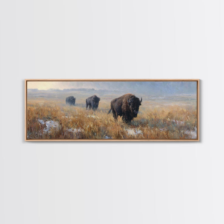 Bison on Wide Western Prairie Framed Canvas Print, Wildlife Art, Landscape Art, Living Room Decor, Fine Art, Wild, Modern Decor, WIL-3x1-77