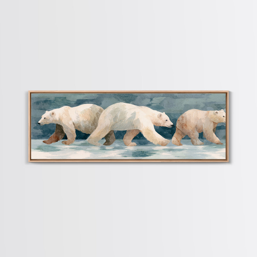 Polar Bear Crossing Blue Ice Framed Canvas Print, Wildlife Art, Living Room Decor, Oil Painting, Wild, Living Room Art, WIL-3x1-79