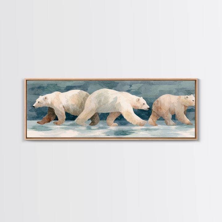 Polar Bear Crossing Blue Ice Framed Canvas Print, Wildlife Art, Living Room Decor, Oil Painting, Wild, Living Room Art, WIL-3x1-79