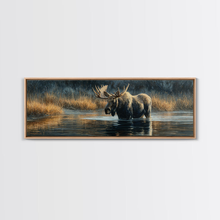 Moose Standing in Reflective Lake Canvas Print, Wildlife Art, Oil Painting, Living Room Decor, Fine Art, Wild, Bedroom Wall Art, WIL-3x1-83