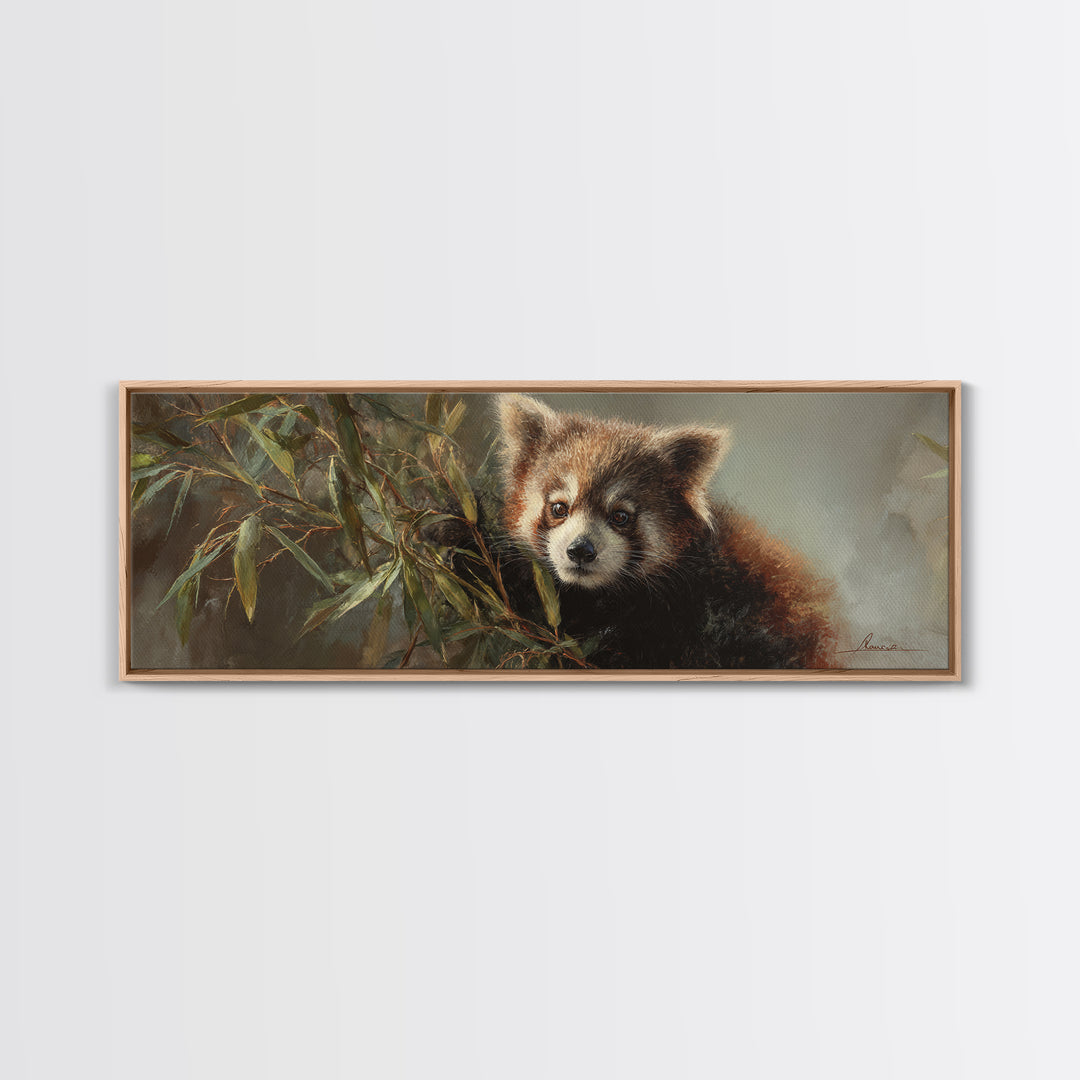 Red Panda Among Bamboo Leaves Framed Canvas Print, Wildlife Art, Wall Decor, Living Room Decor, Wild, Living Room Wall Art, WIL-3x1-84