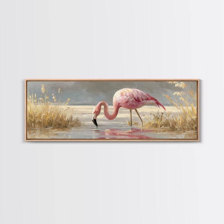Flamingos in Pink Shallow Water Canvas Print, Wildlife Art, Canvas Wall Art, Living Room Decor, Watercolor Art, Wild, WIL-3x1-86