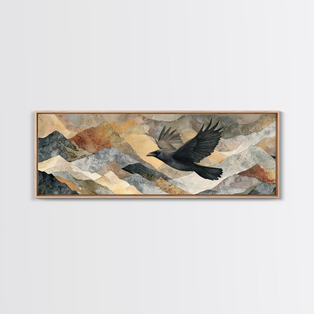 Raven Flying Through Snowy Mountains Canvas Print, Wildlife Art, Minimalist Decor, Living Room Decor, Fine Art, Wild, WIL-3x1-88