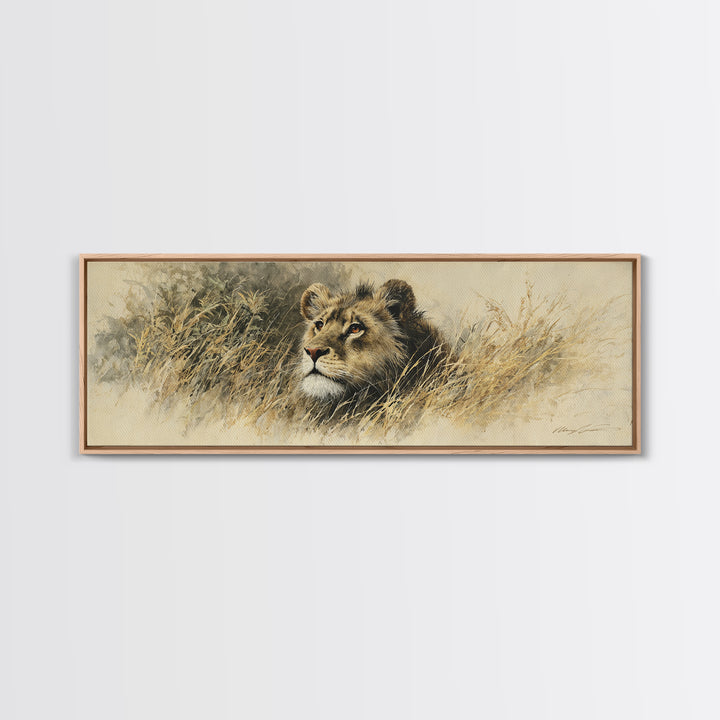 Lion Emerging from Golden Savanna Grass Framed Canvas Print, Wildlife Art, Unique Home Decor, Living Room Decor, Oil Painting, WIL-3x1-89