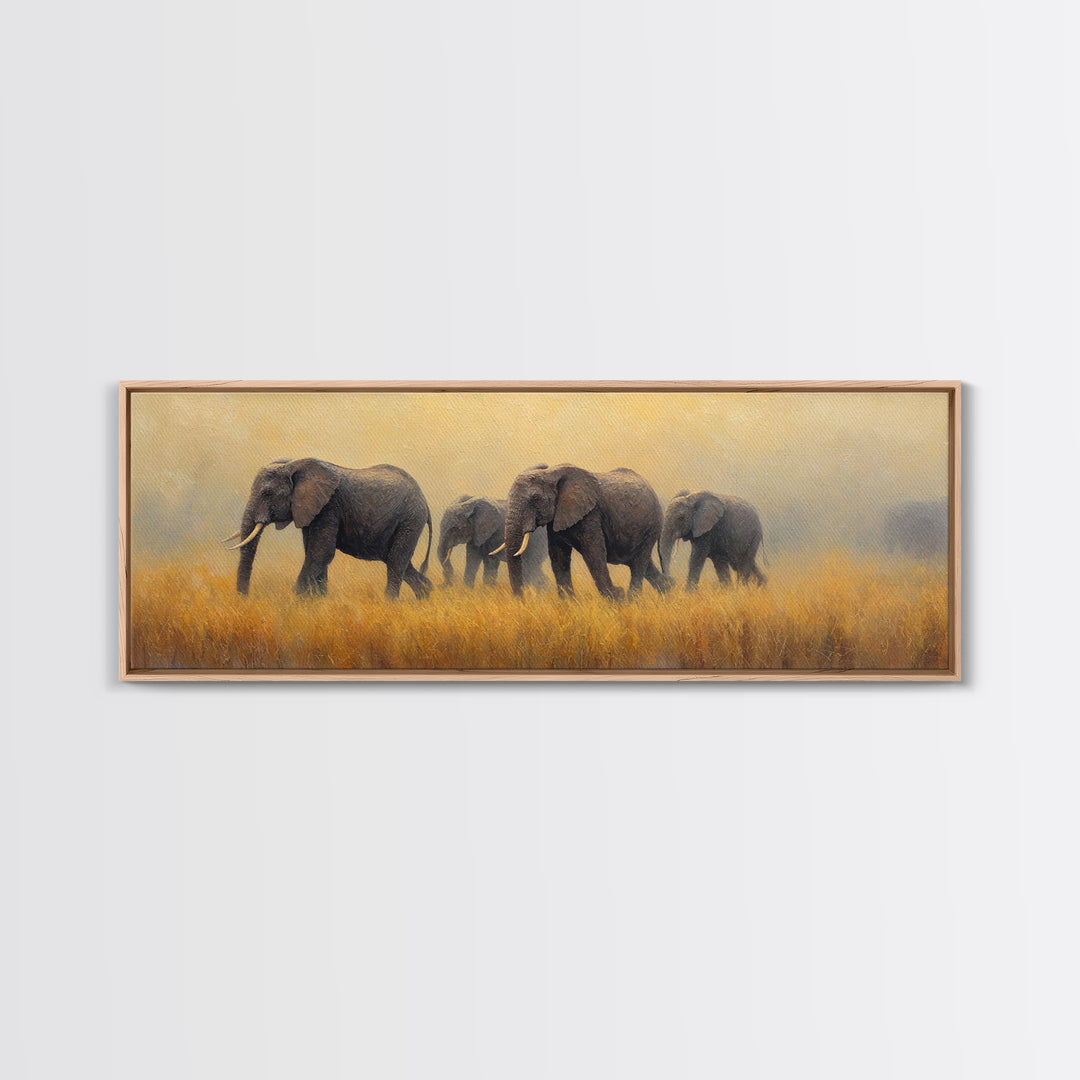 Elephant Herd Walking Through Dusty Sunset Framed Canvas Print, Wildlife Art, Landscape Art, Living Room Decor, Fine Art, Wild, WIL-3x1-90