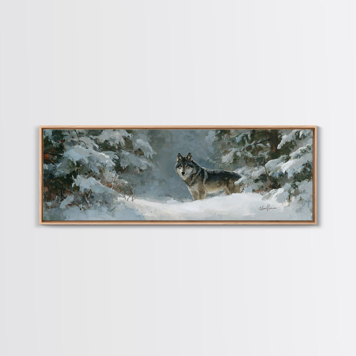 Wolf Standing Beneath Snowy Pine Trees Canvas Print, Wildlife Art, Room Decor, Living Room Decor, Fine Art, Wild, WIL-3x1-91