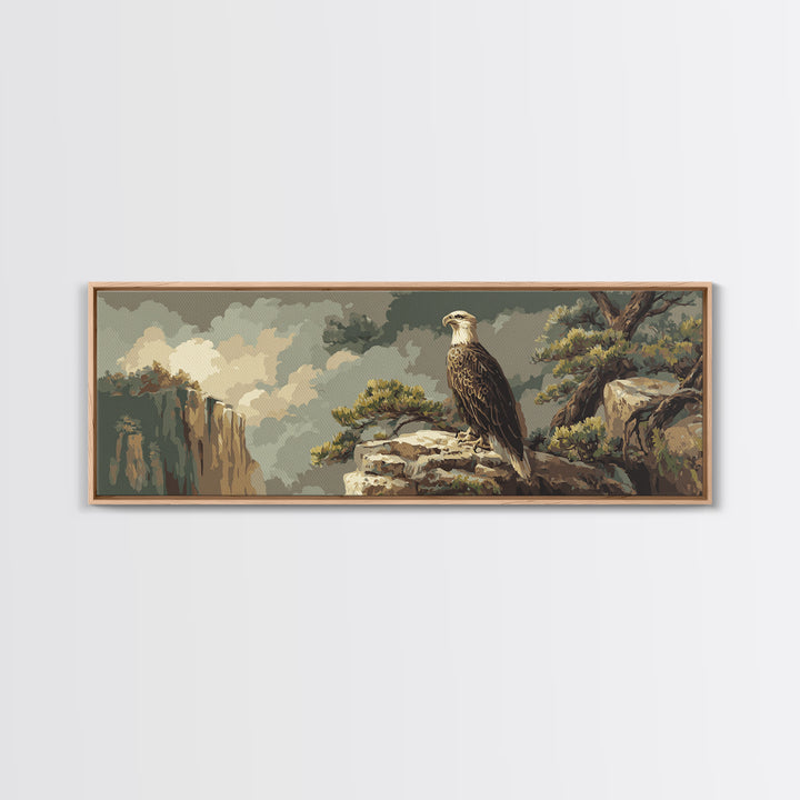 Eagle Soaring Above Rocky Cliffs Canvas Print, Wildlife Art, Bird Art, Living Room Decor, Watercolor Art, Wild, WIL-3x1-94