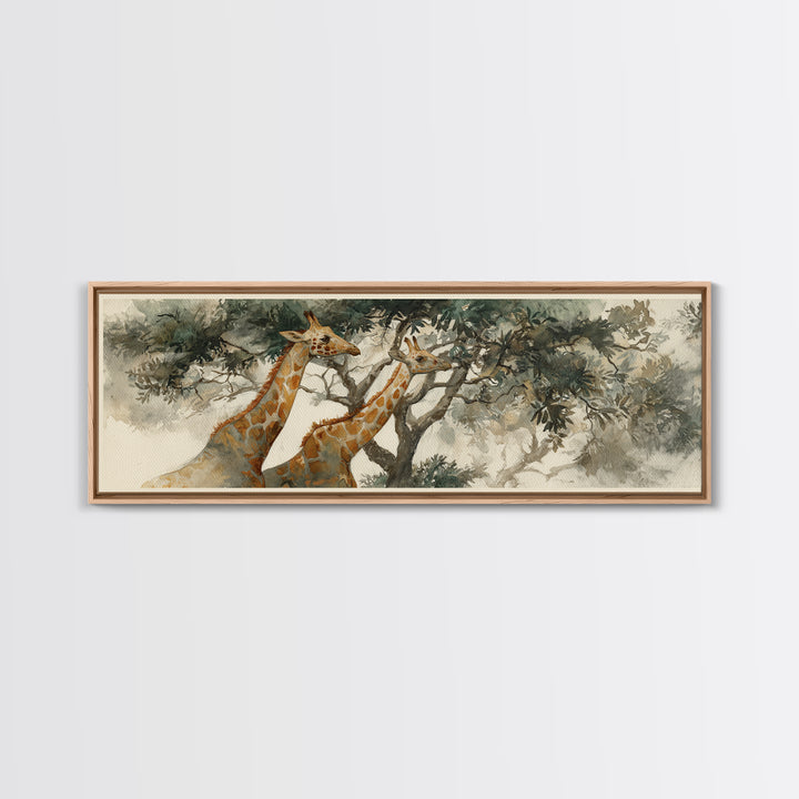 Giraffe Pair under Acacia Tree Canvas Print, Wildlife Art, Living Room Decor, Oil Painting, Wild, Original Art, WIL-3x1-95