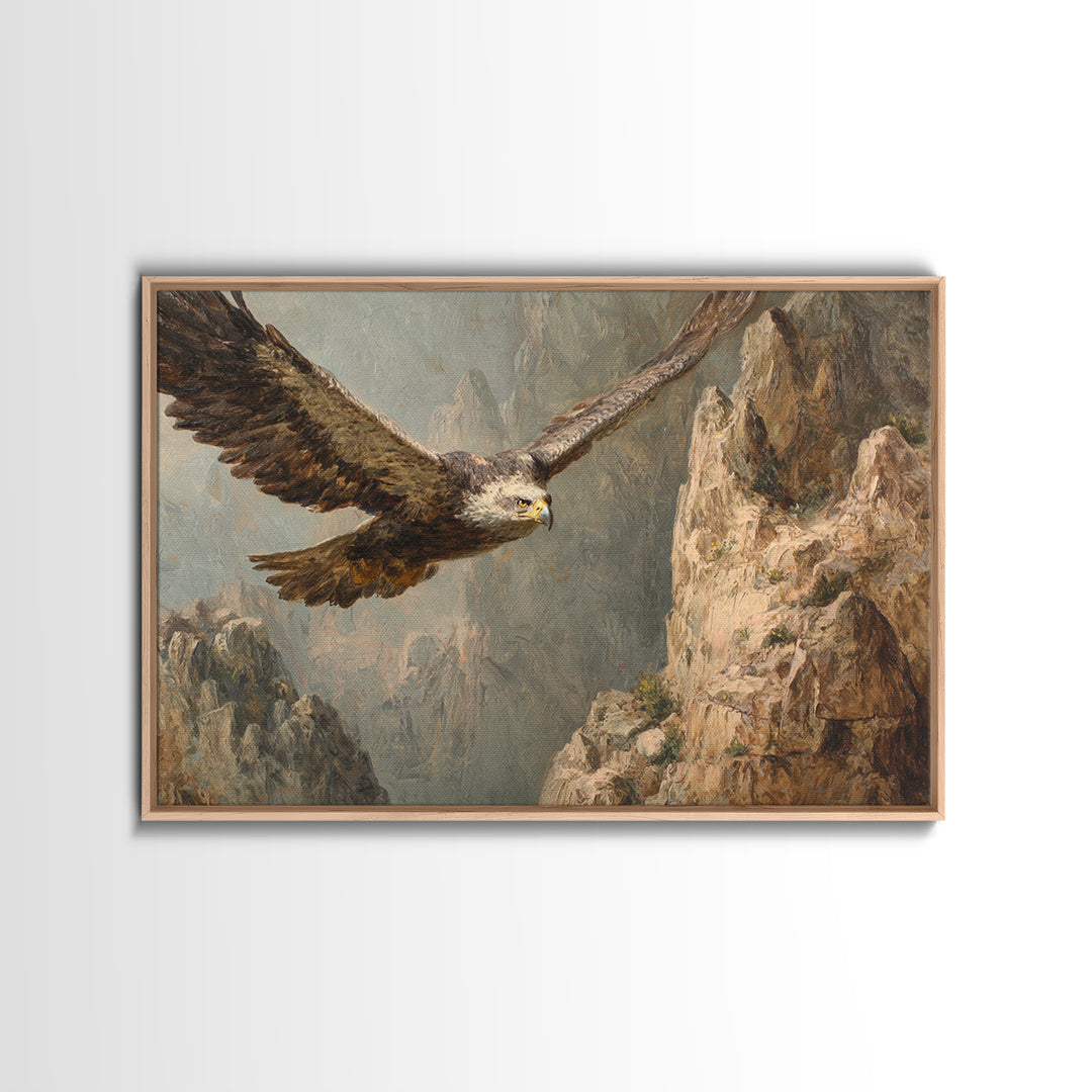 Eagle Soaring Above Rocky Cliffs Framed Canvas Print, Wildlife Art, Wall Art Print, Living Room Decor, Fine Art, Wild, WIL-3x2-10