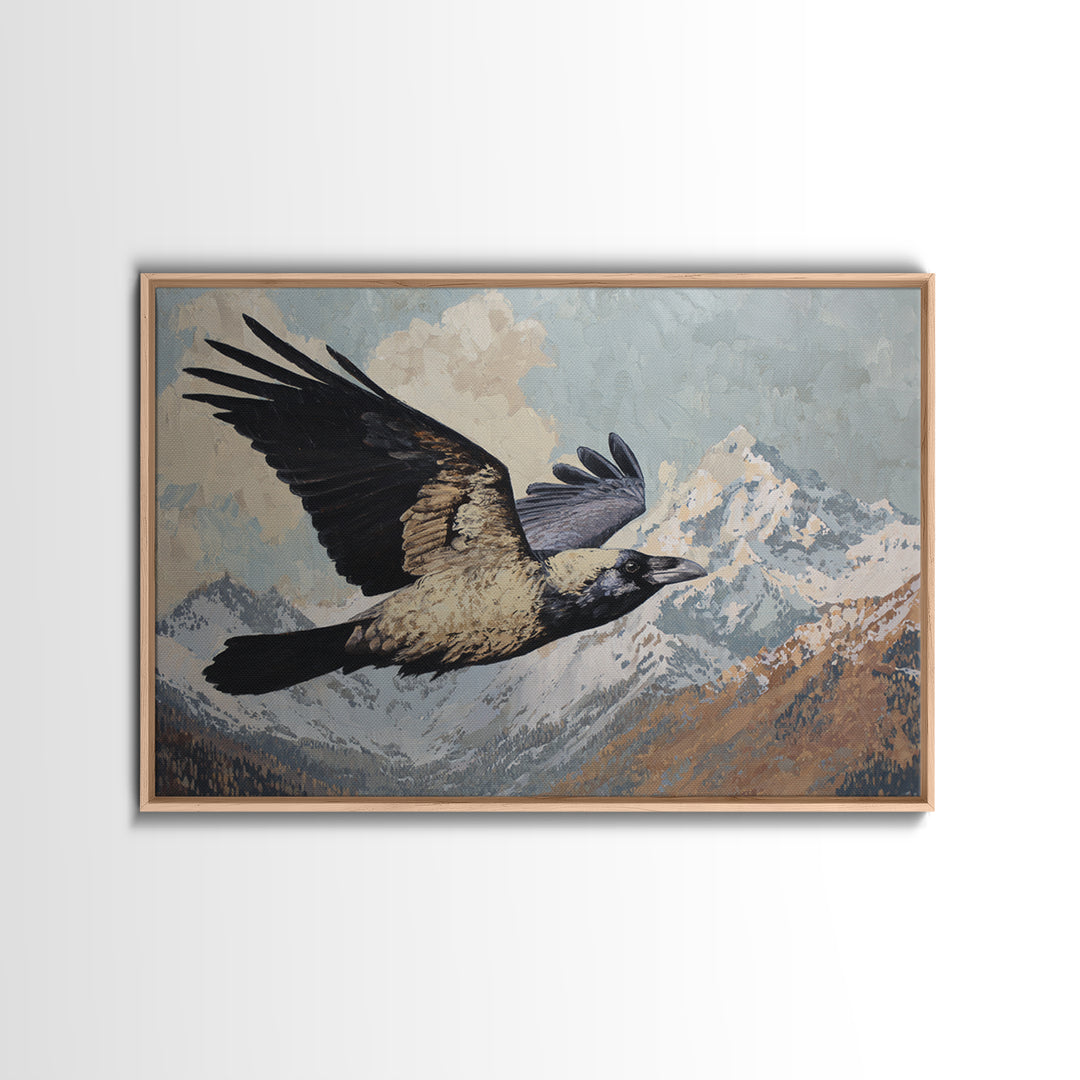 Raven Flying Through Snowy Mountains Framed Canvas Print, Wildlife Art, Fine Art Print, Living Room Decor, Fine Art, Wild, WIL-3x2-100