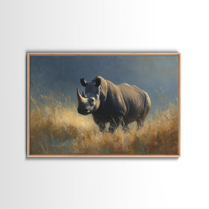 Rhino in Dramatic Stormy Light Canvas Print, Wildlife Art, Modern Wall Art, Living Room Decor, Fine Art, Wild, Bird Wall Art, WIL-3x2-12