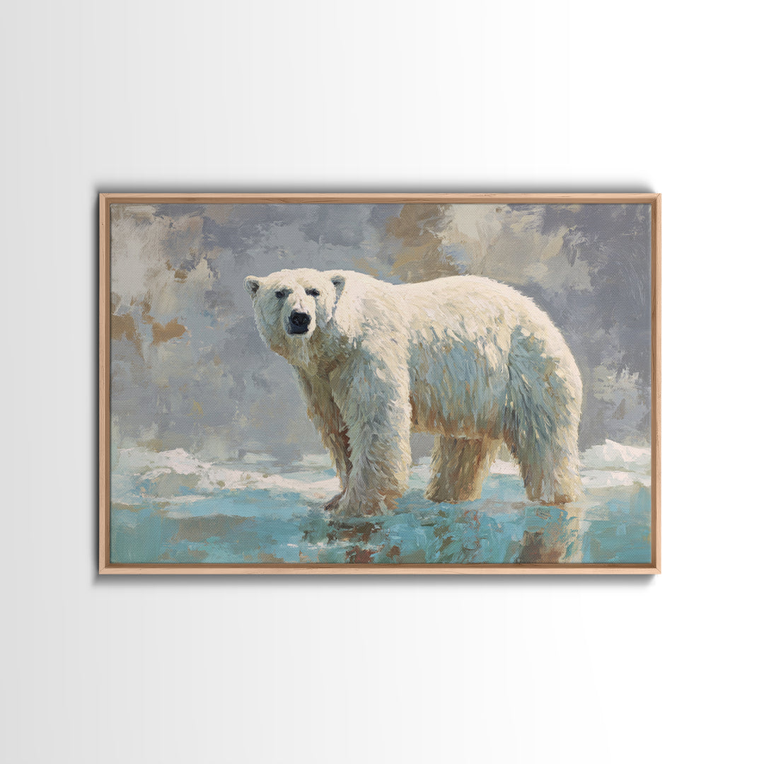 Polar Bear Crossing Blue Ice Framed Canvas Print, Wildlife Art, Living Room Art, Living Room Decor, Fine Art, Wild, Boho Decor, WIL-3x2-19