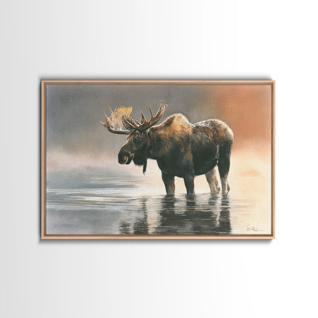 Moose Standing in Reflective Lake Framed Canvas Print, Wildlife Art, Living Room Wall Art, Living Room Decor, Oil Painting, WIL-3x2-23
