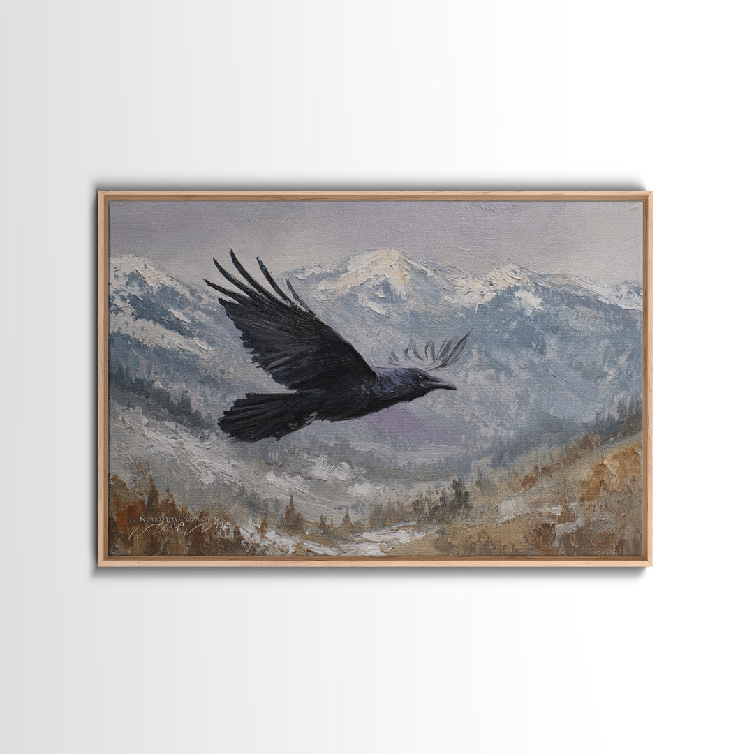 Raven Flying Through Snowy Mountains Framed Canvas Print, Wildlife Art, Living Room Decor, Watercolor Art, Wild, WIL-3x2-28