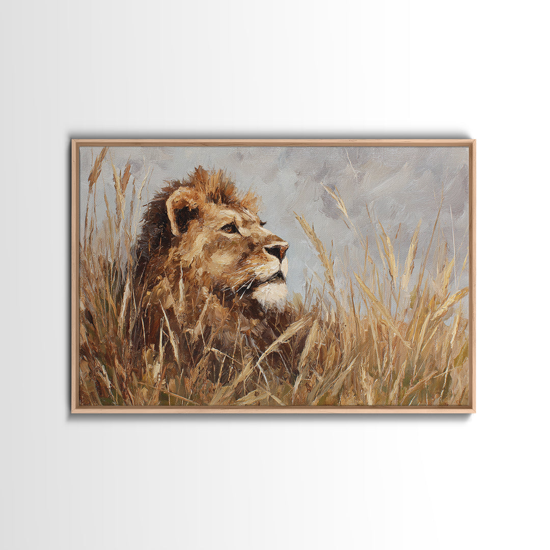 Lion Emerging from Golden Savanna Grass Canvas Print, Wildlife Art, Bird Wall Art, Living Room Decor, Fine Art, Wild, WIL-3x2-29