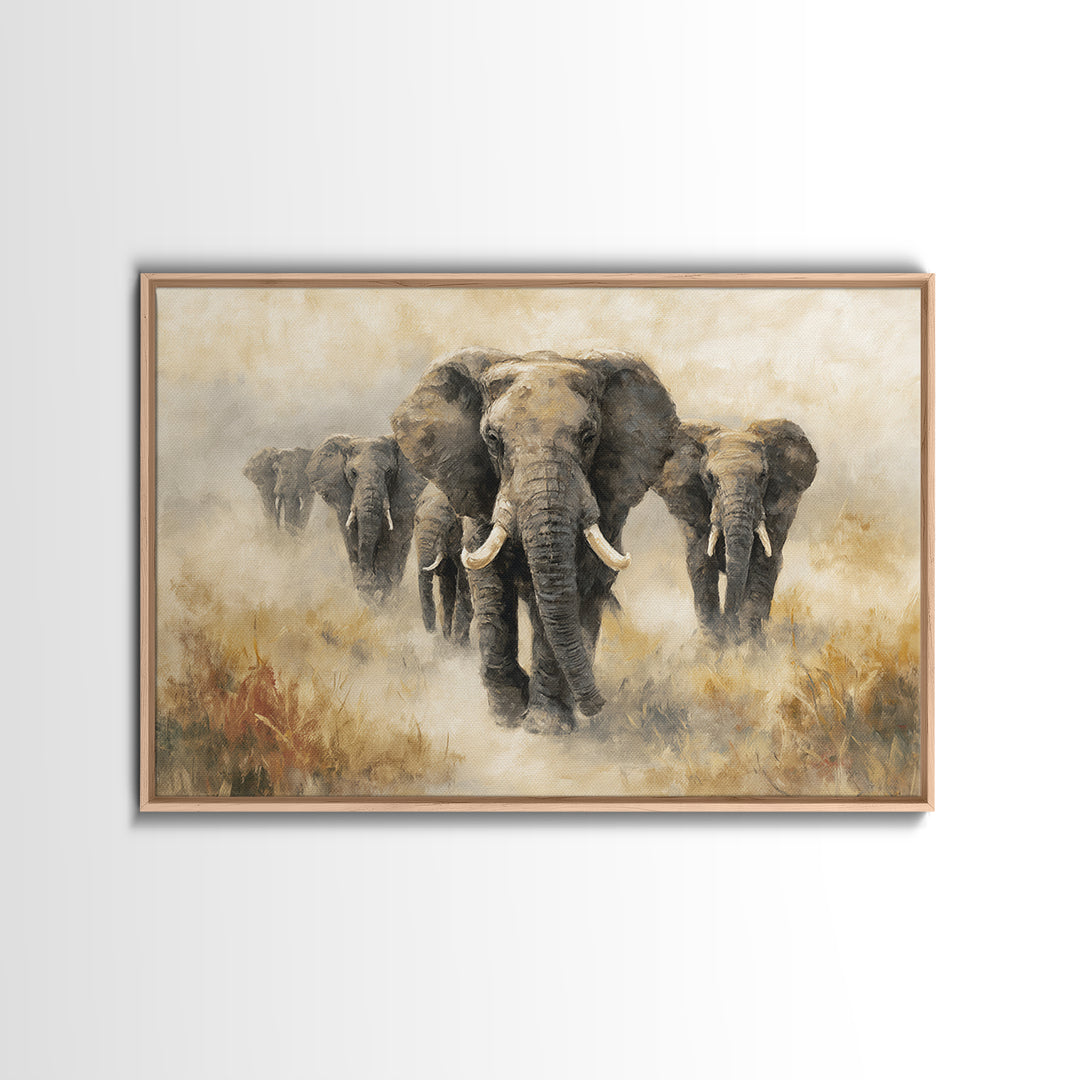Elephant Herd Walking Through Dusty Sunset Canvas Print, Wildlife Art, Living Room Wall Art, Living Room Decor, Fine Art, Wild, WIL-3x2-30