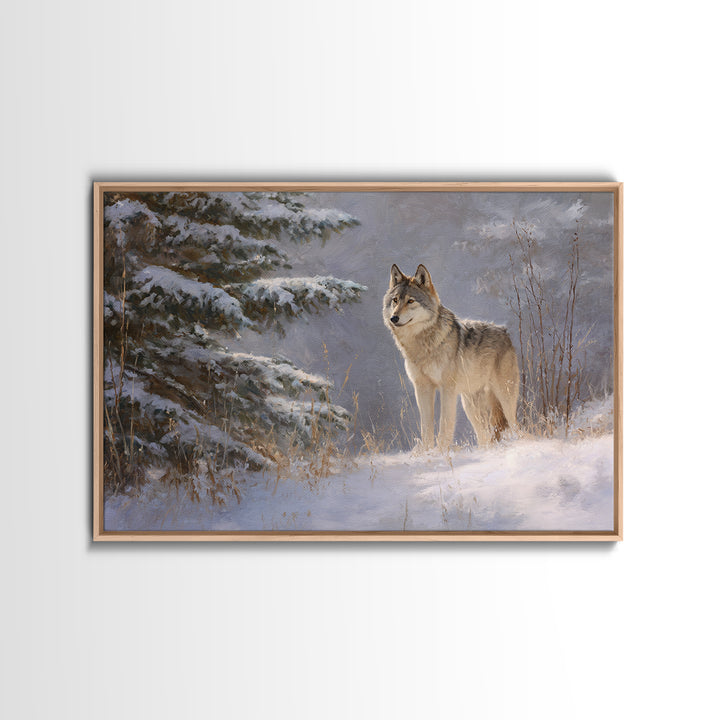 Wolf Standing Beneath Snowy Pine Trees Framed Canvas Print, Wildlife Art, Canvas Painting, Living Room Decor, Fine Art, Wild, WIL-3x2-31