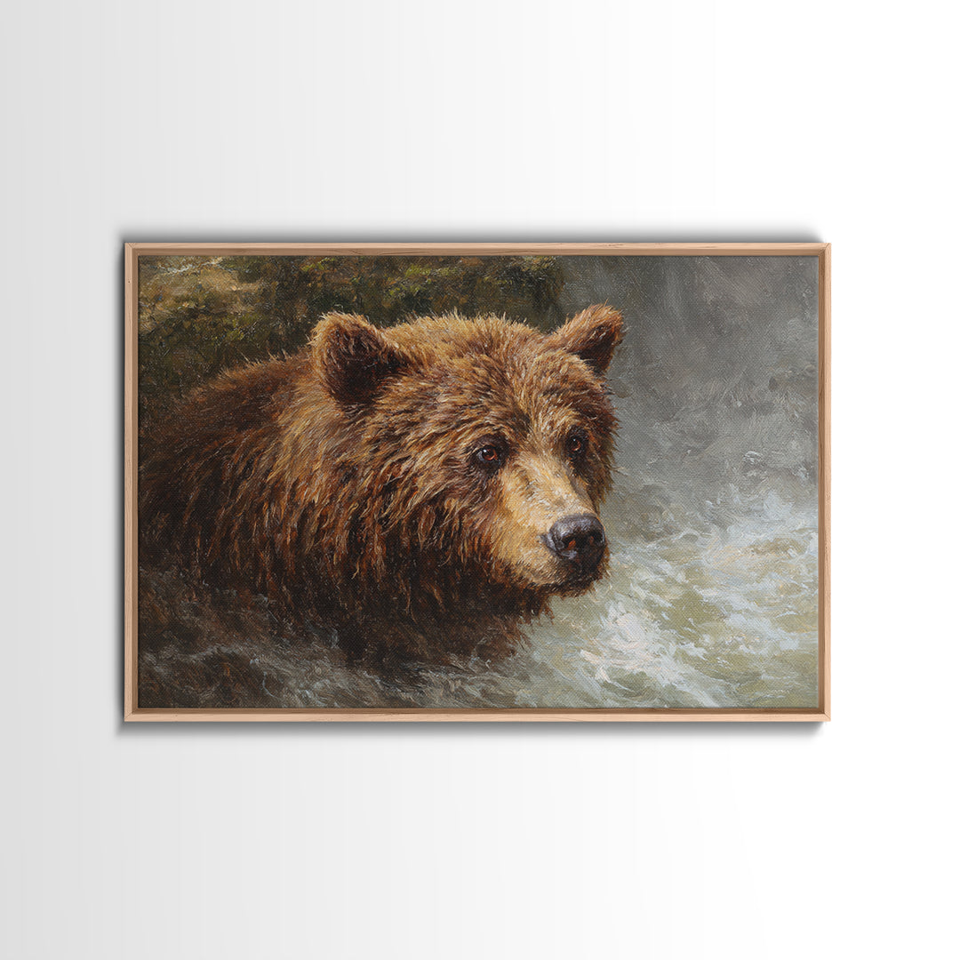 Bear Fishing in Rushing Mountain River Canvas Print, Wildlife Art, Bird Art, Living Room Decor, Oil Painting, Wild, WIL-3x2-32